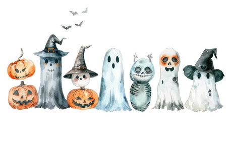 A watercolor illustration featuring a collection of Halloween characters, including pumpkins, ghosts, and bats, against a white background.の素材