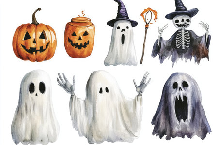 A watercolor illustration of Halloween decorations including pumpkins, ghosts, and a skeleton.の素材