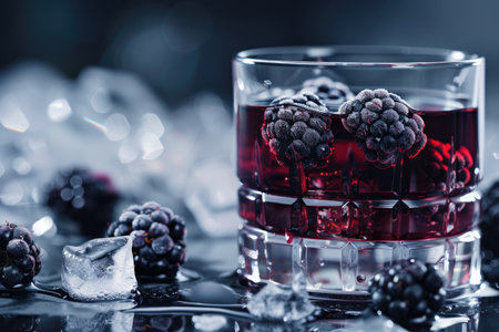 A close-up image of a blackberry cocktail with ice cubes in a cut-glass tumbler.の素材