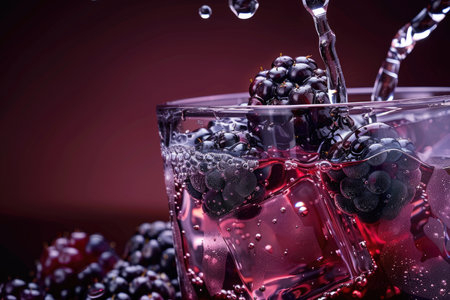 A closeup of blackberries falling into a glass of fizzy purple liquid.の素材