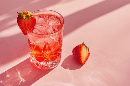 A glass of strawberry-infused summer drink with ice cubes on a pink background.の素材