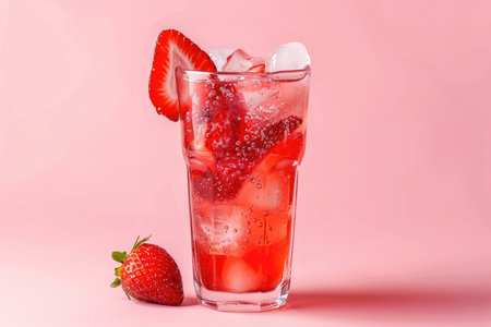 A glass filled with a red strawberry drink, ice cubes, and a strawberry slice, set against a pink background.の素材