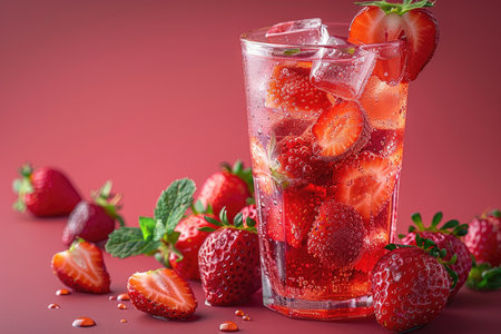 A close-up of a refreshing strawberry drink in a glass with ice, fresh strawberries, and mint leaves on a pink background.の素材