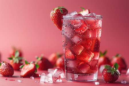 A glass of strawberry and ice cocktail on a pink background with fresh strawberries.の素材
