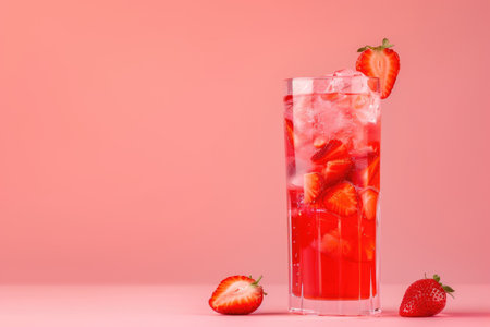 A glass of strawberry cocktail with ice and strawberry slices on a pink background.の素材