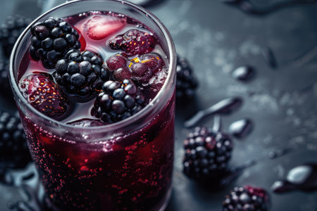 A glass filled with a dark purple liquid, ice cubes, and fresh blackberries, ready to be enjoyed.の素材