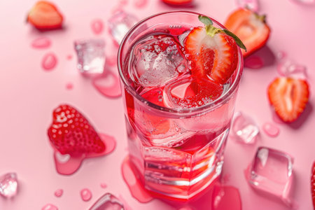 A close-up shot of a refreshing strawberry drink with ice cubes in a glass on a pink background.の素材