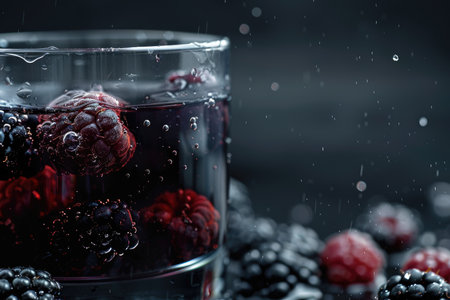 A close-up image of blackberries and raspberries in a glass with water drops, creating a refreshing and visually appealing scene.の素材