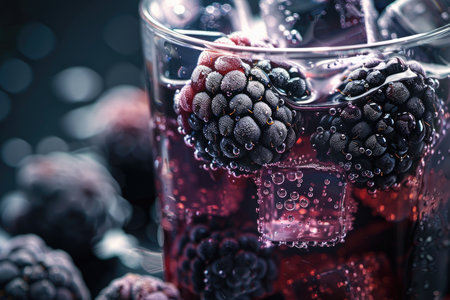 A close-up image showcasing blackberries submerged in a glass of sparkling red liquid.の素材