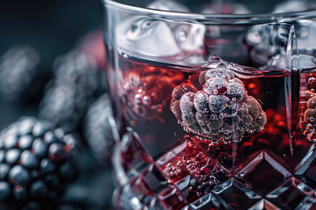A close-up shot of a glass of blackberry infused beverage with ice, highlighting the texture and color of the blackberry and the liquid.の素材