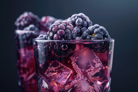 A close-up of a glass filled with frosted blackberries, ice cubes, and a purple liquid.の素材