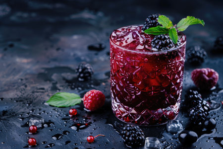 A close-up of a blackberry and raspberry cocktail in a crystal glass with mint garnish and ice on a black wet surface.の素材
