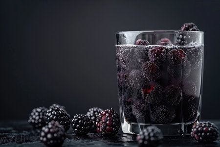 A glass of bubbly blackberry drink with fresh blackberries on a dark surface.の素材