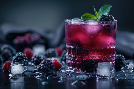 A close-up image of a blackberry and mint cocktail in a glass with ice cubes, surrounded by fresh berries.の素材