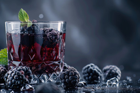 A close-up of a blackberry cocktail garnished with fresh mint in a crystal glass.の素材
