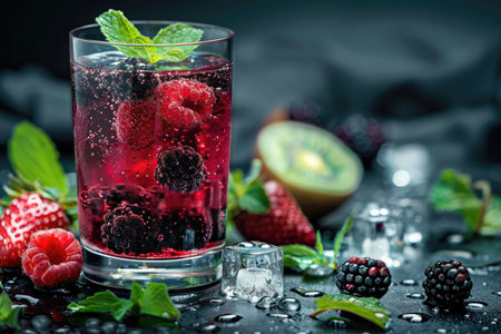 A glass of refreshing berry cocktail with mint, ice cubes, and berries scattered around it on a dark background.の素材