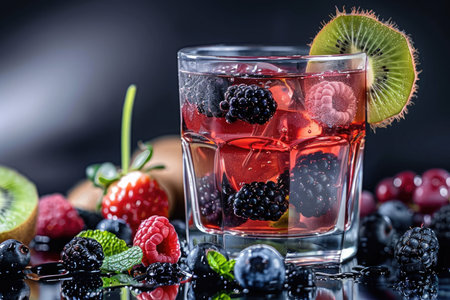A close-up shot of a glass of refreshing berry and kiwi cocktail with garnishes, showcasing the vibrant colors and textures of the fruits.の素材