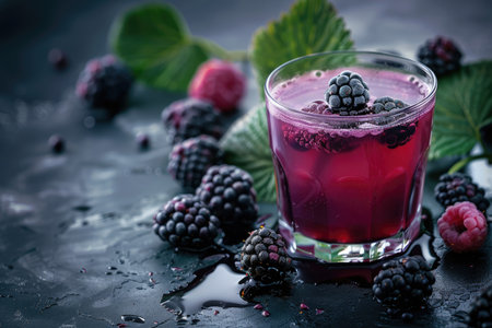 A glass of blackberry juice with fresh blackberries and raspberries, on a gray textured background.の素材