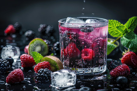 A close-up image of a glass of cold berry and kiwi-infused water with ice and fresh fruit scattered around.の素材