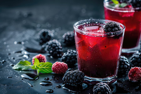 A close-up of a blackberry and raspberry cocktail with ice and mint on a dark surface.の素材