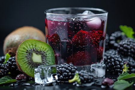 A close-up of a blackberry and kiwi cocktail in a glass with ice cubes, surrounded by fruit, mint leaves, and ice.の素材