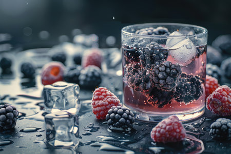 A close-up of blackberries and raspberries in a glass of ice water.の素材