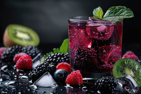 A close-up image of a refreshing soda drink garnished with mint leaves and made with kiwi and berries.の素材