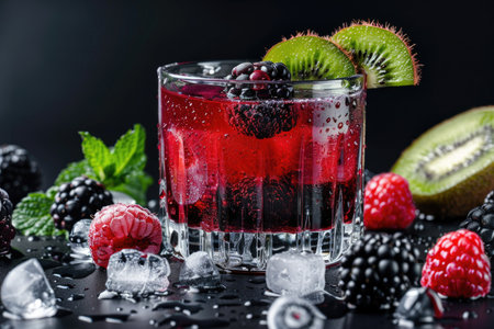 A close-up of a refreshing red cocktail garnished with kiwi slices, blackberries, raspberries, and mint leaves, set against a dark background.の素材