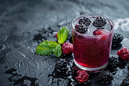 A close-up of a blackberry and raspberry infused drink with fresh mint leaves.の素材