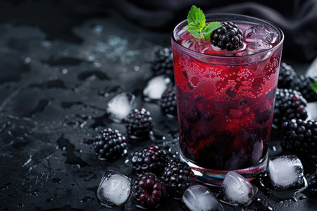 A glass of blackberry cocktail with a mint garnish and ice cubes on a dark background.の素材