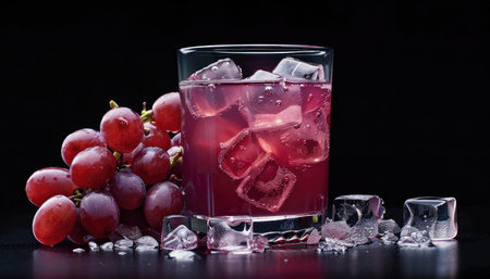 A glass of red grape juice with ice cubes and a bunch of red grapes on a black background.の素材
