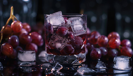 A glass filled with red grapes, ice cubes, and liquid on a dark background.の素材