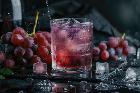 A glass of cold grape juice with ice cubes and grapes on a dark background.の素材
