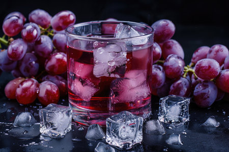A glass of red grape juice with ice cubes and fresh grapes on a dark surface.の素材