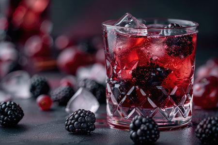 A glass of blackberry and ice cocktail with blackberries scattered around it on a dark surface.の素材