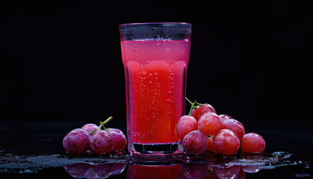 A glass of grape juice with a cluster of grapes on a black reflective surface.の素材