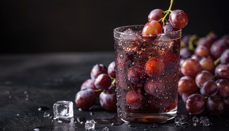 A glass of cold grape juice with ice cubes and fresh grapes on a black table.の素材