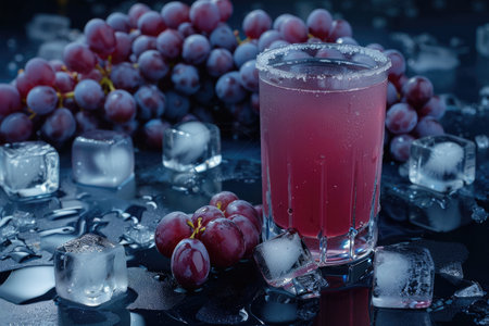 A glass of chilled grape juice with ice cubes and grapes, creating a refreshing and tempting summer beverage.の素材