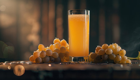 A glass of yellow juice with grapes and water drops on a wooden table.の素材