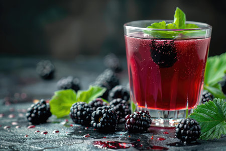 A close-up of a glass of blackberry soda with fresh blackberries and mint leaves.の素材
