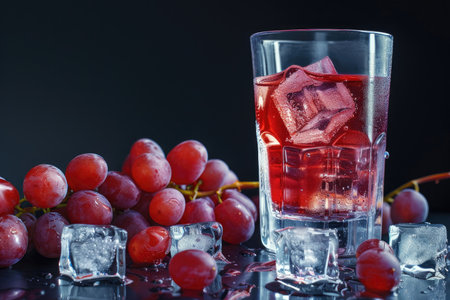 A glass of red grape juice with ice cubes and a bunch of grapes, on a dark surface.の素材