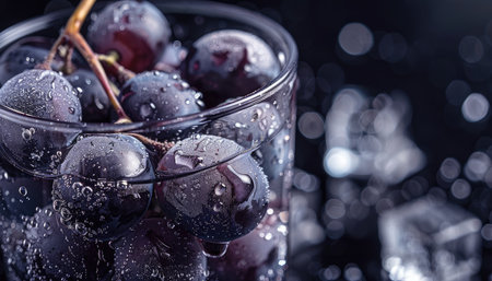 A close-up of a bunch of purple grapes in a glass, with water droplets covering the fruit.の素材