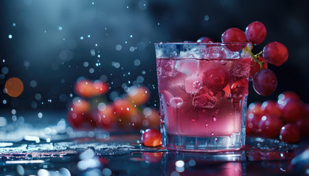 A glass filled with red liquid, ice, and grapes is displayed against a dark blue background with water droplets and bokeh.の素材