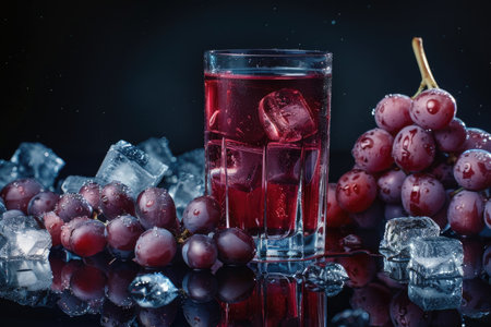 A glass of red grape juice with ice cubes and fresh grapes, set against a dark background.の素材