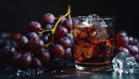 A glass of cola with ice cubes and grapes on a dark surface.の素材