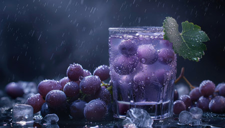 A close-up shot of grapes, ice cubes, and rain drops in a glass.の素材