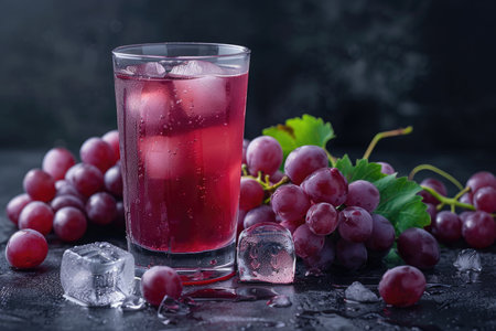 A glass of chilled red grape juice with ice cubes and fresh grapes on a dark surface.の素材