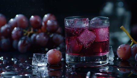 A glass of red grape juice with ice cubes and grapes on a black surface, with water droplets reflecting the scene.の素材