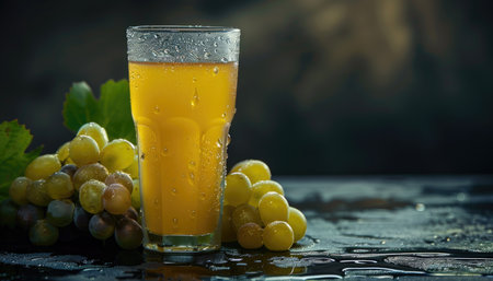 A glass of freshly squeezed grape juice with a cluster of grapes and water droplets on a dark background.の素材