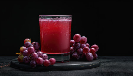 A glass of red grape juice with fresh grapes on a black surface.の素材